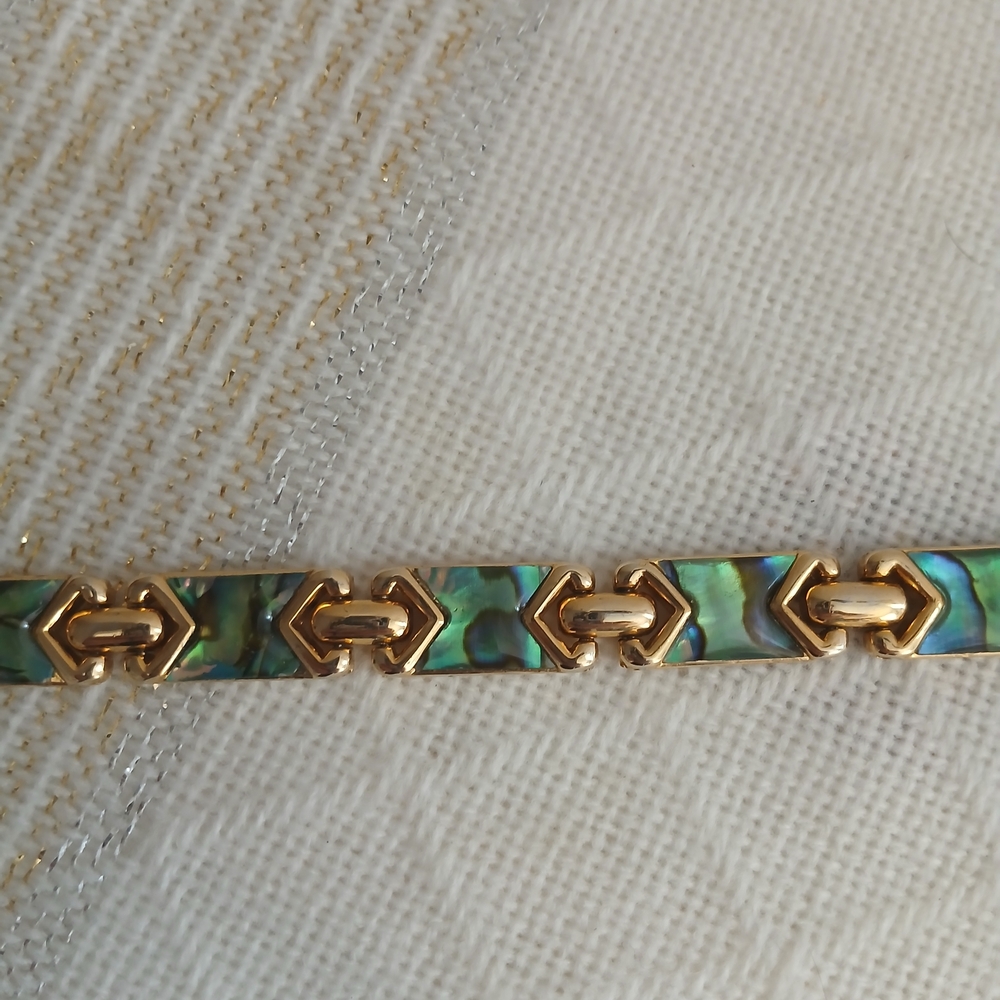 Gold-Tone Abalone Inlay Link Bracelet - Iridescent Blue-Green - Picture 5 of 11